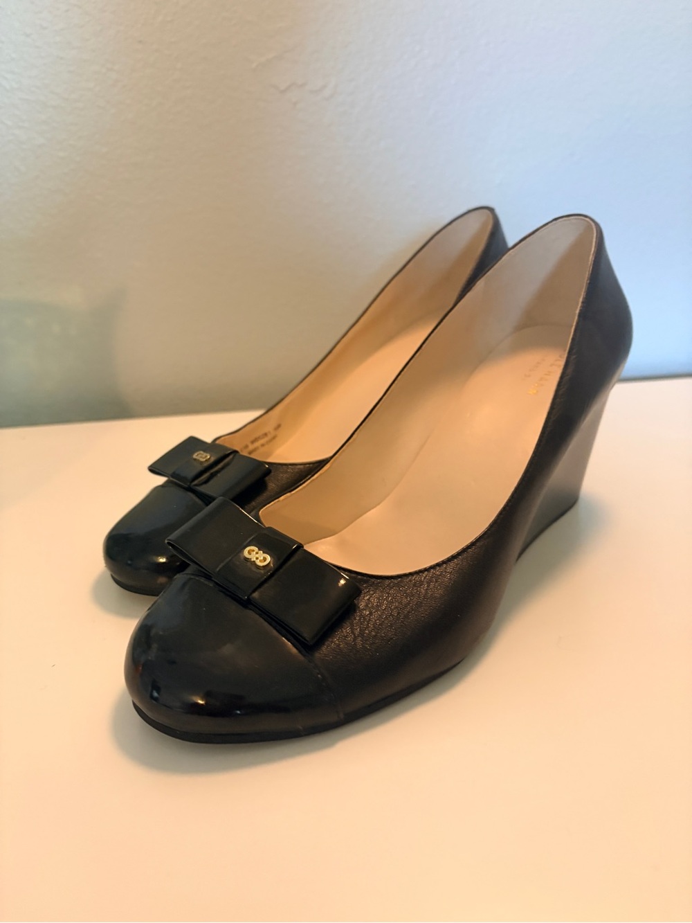 Cole Haan Black Leather Bow Wedge Pumps - Women